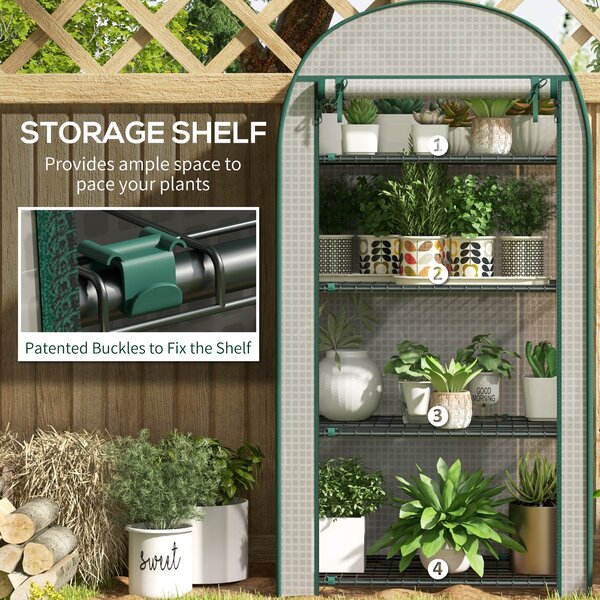 Outsunny 80 x 49 x 160cm Mini Greenhouse, Portable Garden Plant Green House w/ Storage Shelf, Roll-Up Zippered Door, Metal Frame Aosom UK