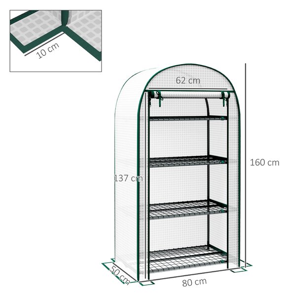 Outsunny 80 x 49 x 160cm Mini Greenhouse, Portable Garden Plant Green House w/ Storage Shelf, Roll-Up Zippered Door, Metal Frame Aosom UK