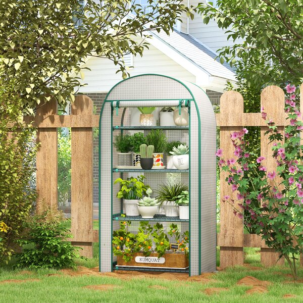 Outsunny 80 x 49 x 160cm Mini Greenhouse, Portable Garden Plant Green House w/ Storage Shelf, Roll-Up Zippered Door, Metal Frame Aosom UK