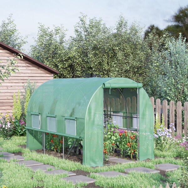 Outsunny Walk In Greenhouse, Garden Polytunnel with PE Cover, Zipped Roll Up Door and 6 Mesh Windows, 3x2x2m, Green Aosom UK