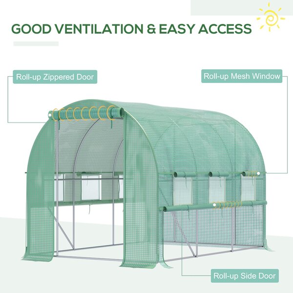 Outsunny Walk In Greenhouse, Garden Polytunnel with PE Cover, Zipped Roll Up Door and 6 Mesh Windows, 3x2x2m, Green Aosom UK