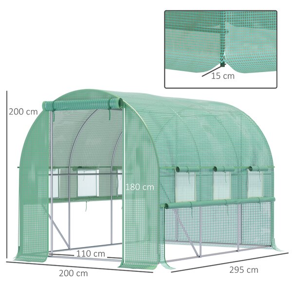 Outsunny Walk In Greenhouse, Garden Polytunnel with PE Cover, Zipped Roll Up Door and 6 Mesh Windows, 3x2x2m, Green Aosom UK