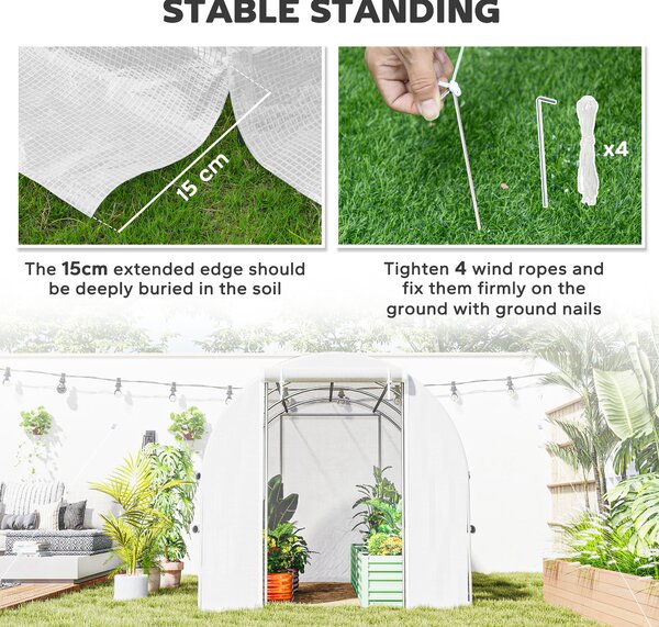 Outsunny 3 x 2 x 2m Walk-in Tunnel Greenhouse, Polytunnel Tent with PE Cover, Zippered Roll Up Door and 6 Mesh Windows, White