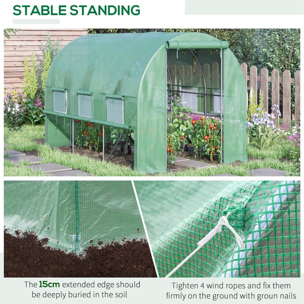 Outsunny Walk In Greenhouse, Garden Polytunnel with PE Cover, Zipped Roll Up Door and 6 Mesh Windows, 3x2x2m, Green Aosom UK