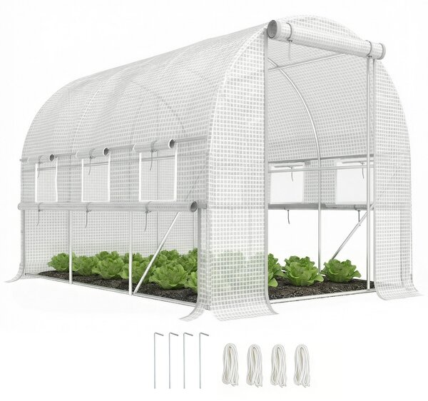 Outsunny 3 x 2 x 2m Walk-in Tunnel Greenhouse, Polytunnel Tent with PE Cover, Zippered Roll Up Door and 6 Mesh Windows, White