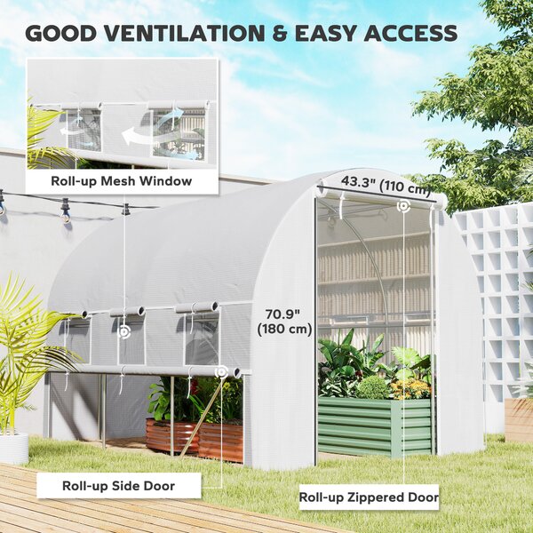 Outsunny 3 x 2 x 2m Walk-in Tunnel Greenhouse, Polytunnel Tent with PE Cover, Zippered Roll Up Door and 6 Mesh Windows, White