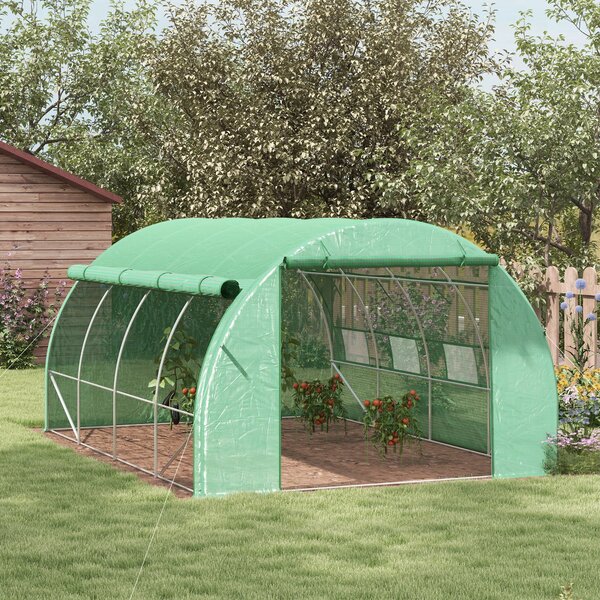 Outsunny 4x3x2m Polytunnel Greenhouse Walk-in Grow House Tent with Roll-up Sidewalls, Zipped Door, Green