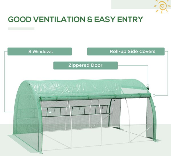 Outsunny 4x3x2m Polytunnel Greenhouse Walk-in Grow House Tent with Roll-up Sidewalls, Zipped Door, Green