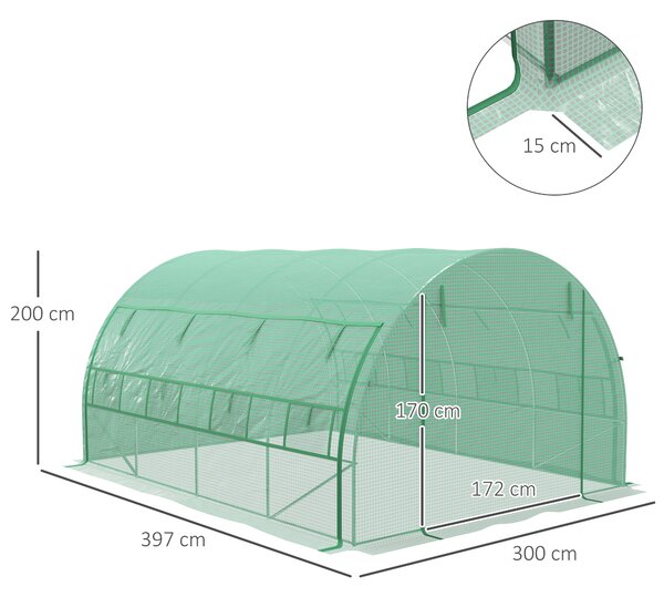 Outsunny 4x3x2m Polytunnel Greenhouse Walk-in Grow House Tent with Roll-up Sidewalls, Zipped Door, Green