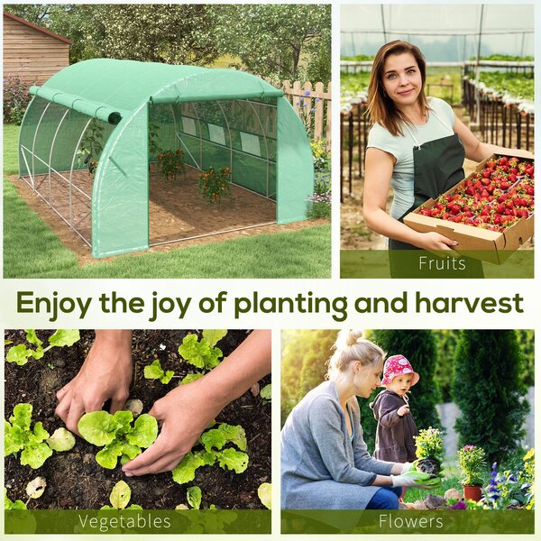 Outsunny 4x3x2m Polytunnel Greenhouse Walk-in Grow House Tent with Roll-up Sidewalls, Zipped Door, Green