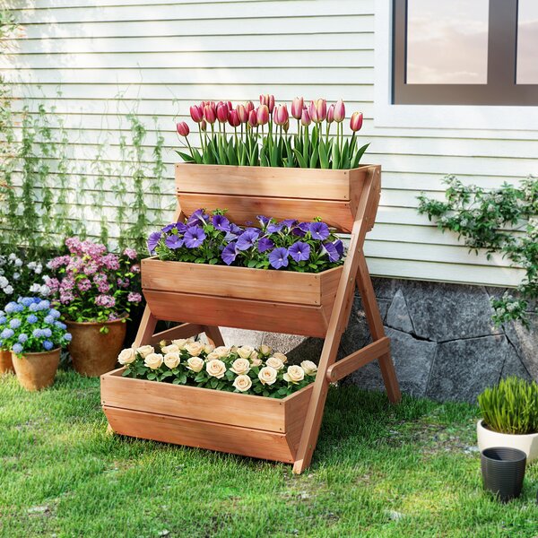 Outsunny 3 Tier Raised Flower Bed, Wooden Elevated Planter for Flower, Vegetable, Herb, 65x75x78cm, Brown Aosom UK