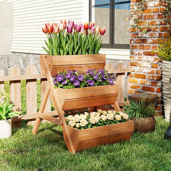 Outsunny 3 Tier Raised Flower Bed, Wooden Elevated Planter for Flower, Vegetable, Herb, 65x75x78cm, Brown Aosom UK
