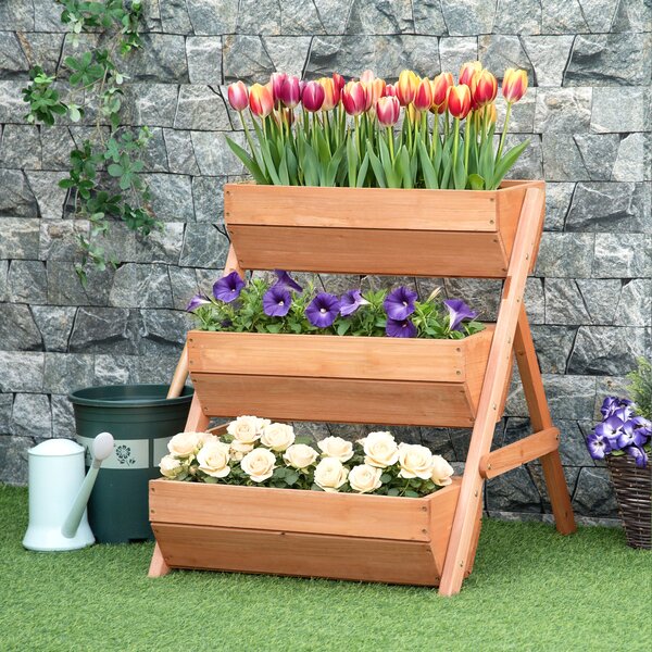 Outsunny 3 Tier Raised Flower Bed, Wooden Elevated Planter for Flower, Vegetable, Herb, 65x75x78cm, Brown Aosom UK