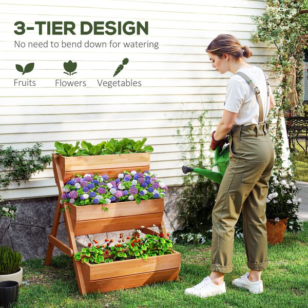 Outsunny 3 Tier Raised Flower Bed, Wooden Elevated Planter for Flower, Vegetable, Herb, 65x75x78cm, Brown Aosom UK