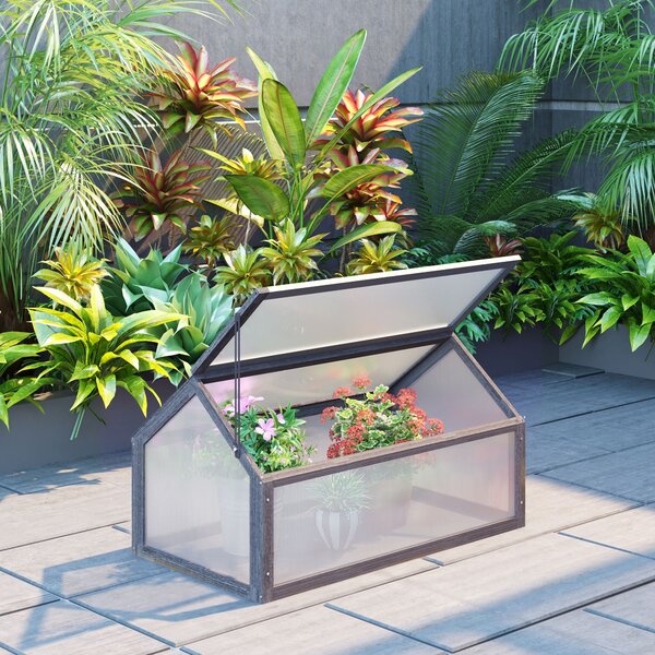 Outsunny Wooden Cold Frame Greenhouse Garden Polycarbonate Grow House w/ Openable Top for Flowers, Plants, 90 x 52 x 50cm, Grey Aosom UK