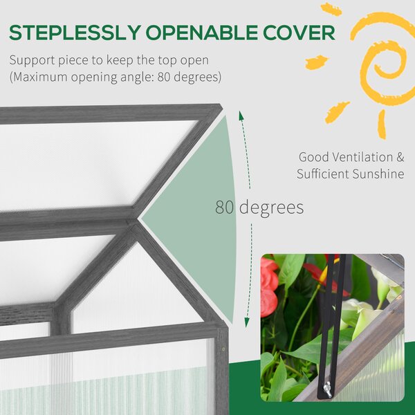 Outsunny Wooden Cold Frame Greenhouse Garden Polycarbonate Grow House w/ Openable Top for Flowers, Plants, 90 x 52 x 50cm, Grey Aosom UK