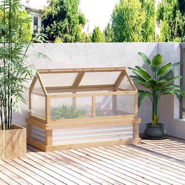 Outsunny Raised Garden Bed with Greenhouse Top, Garden Wooden Cold Frame Greenhouse Flower Planter Protection, 122x 61 x 81.7cm, Natural Aosom UK