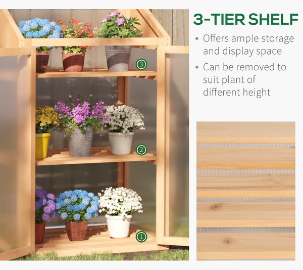 Outsunny Wooden Greenhouse, Cold Frame Grow House with Polycarbonate Semi Transparent Glazing, Openable Lid and Double Door, 70 x 50 x 120cm, Brown
