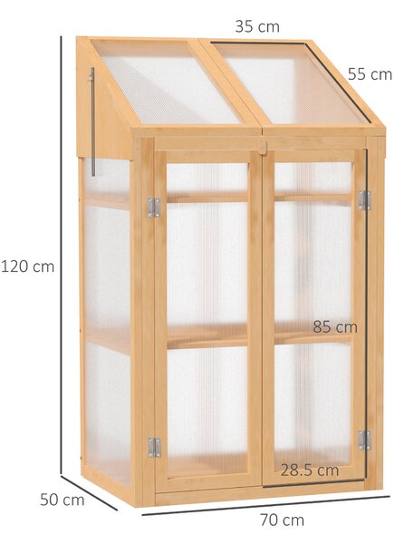 Outsunny Wooden Greenhouse, Cold Frame Grow House with Polycarbonate Semi Transparent Glazing, Openable Lid and Double Door, 70 x 50 x 120cm, Brown
