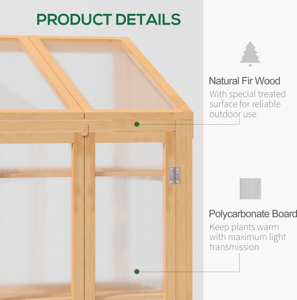 Outsunny Wooden Greenhouse, Cold Frame Grow House with Polycarbonate Semi Transparent Glazing, Openable Lid and Double Door, 70 x 50 x 120cm, Brown