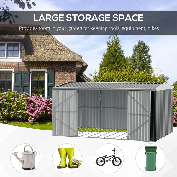 Outsunny 14 x 8 ft Lockable Garden Shed Large Patio Roofed Tool Metal Storage Building Foundation Sheds Box Outdoor Furniture, Grey