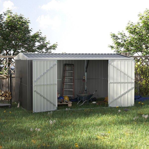 Outsunny 14 x 8 ft Lockable Garden Shed Large Patio Roofed Tool Metal Storage Building Foundation Sheds Box Outdoor Furniture, Grey