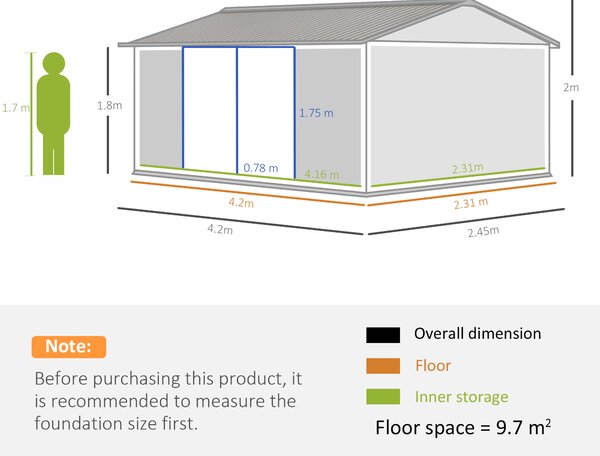 Outsunny 14 x 8 ft Lockable Garden Shed Large Patio Roofed Tool Metal Storage Building Foundation Sheds Box Outdoor Furniture, Grey