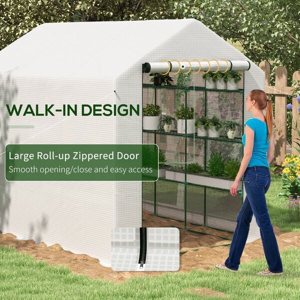 Outsunny Walking Greenhouse with 4 Tier 24 Shelves, Portable Poly Tunnel with Roll-up Zipped Door, 2.5 x 1.8 x 2 m, White Aosom UK