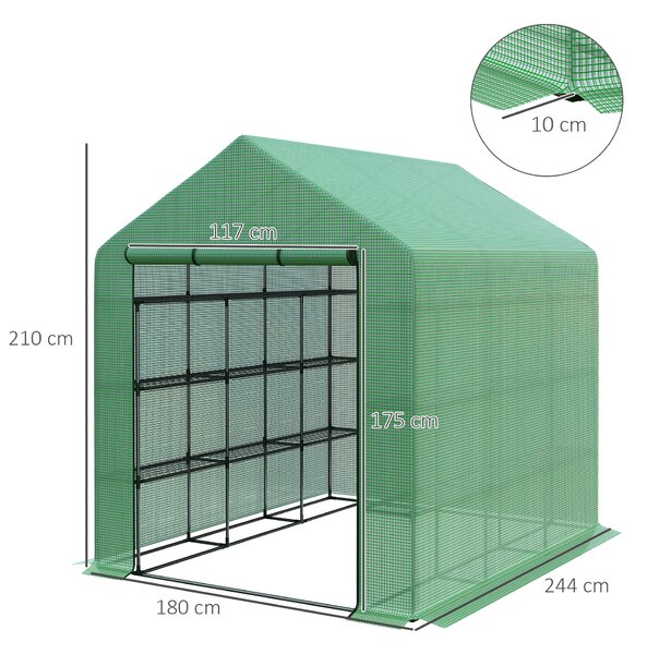 Outsunny Poly Tunnel Steeple Walk in Garden Greenhouse with Removable Cover Shelves - Green 244 x 180 x 210cm