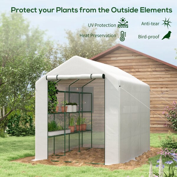 Outsunny Walking Greenhouse with 4 Tier 24 Shelves, Portable Poly Tunnel with Roll-up Zipped Door, 2.5 x 1.8 x 2 m, White Aosom UK