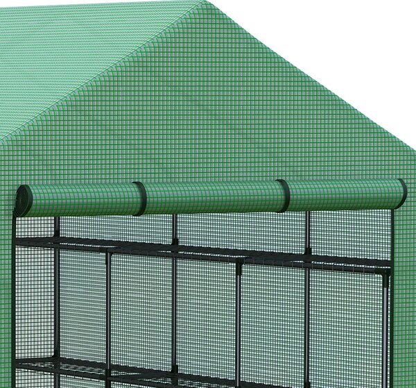 Outsunny Poly Tunnel Steeple Walk in Garden Greenhouse with Removable Cover Shelves - Green 244 x 180 x 210cm