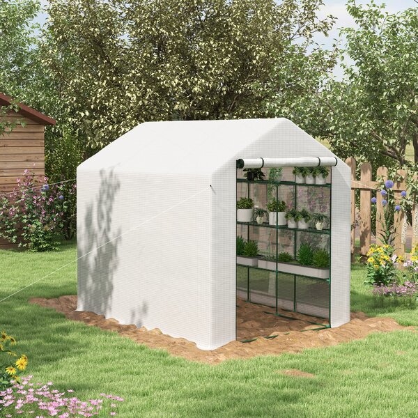 Outsunny Walking Greenhouse with 4 Tier 24 Shelves, Portable Poly Tunnel with Roll-up Zipped Door, 2.5 x 1.8 x 2 m, White Aosom UK