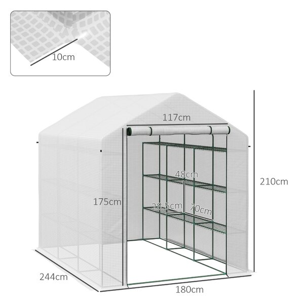Outsunny Walking Greenhouse with 4 Tier 24 Shelves, Portable Poly Tunnel with Roll-up Zipped Door, 2.5 x 1.8 x 2 m, White Aosom UK