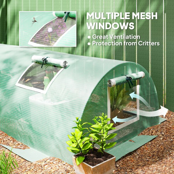 Outsunny PE Mini Greenhouse, 3m Portable Tunnel Green House with 5 Mesh Windows, Green Grow House Steel Frame for Indoor and Outdoor, Green Aosom UK