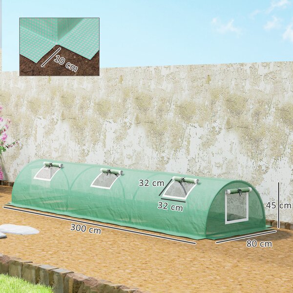 Outsunny PE Mini Greenhouse, 3m Portable Tunnel Green House with 5 Mesh Windows, Green Grow House Steel Frame for Indoor and Outdoor, Green Aosom UK