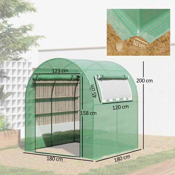 Outsunny Walk in Polytunnel, Windproof Green House for Garden with Roll-up Window and Door, 1.8 x 1.8 x 2 m, Green Aosom UK