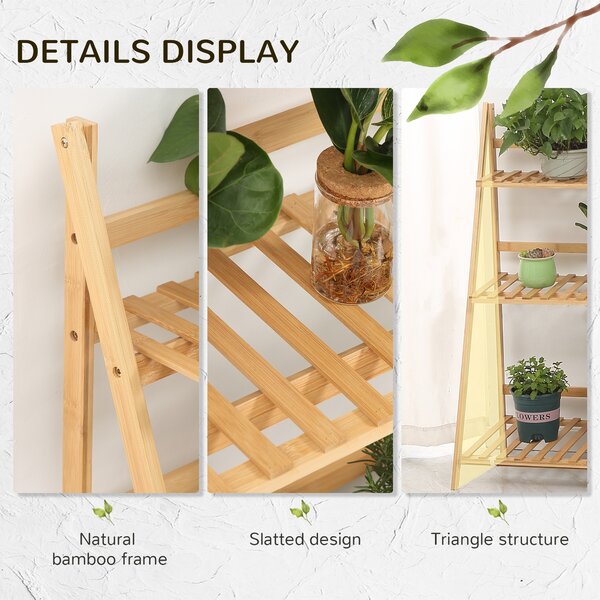 Outsunny Bamboo Plant Stand: 3-Tier Folding Display Shelf Rack for Indoor Greenery, Natural Finish, 98x37x96.5cm Aosom UK