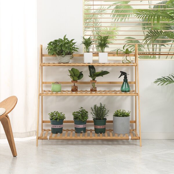 Outsunny Bamboo Plant Stand: 3-Tier Folding Display Shelf Rack for Indoor Greenery, Natural Finish, 98x37x96.5cm Aosom UK