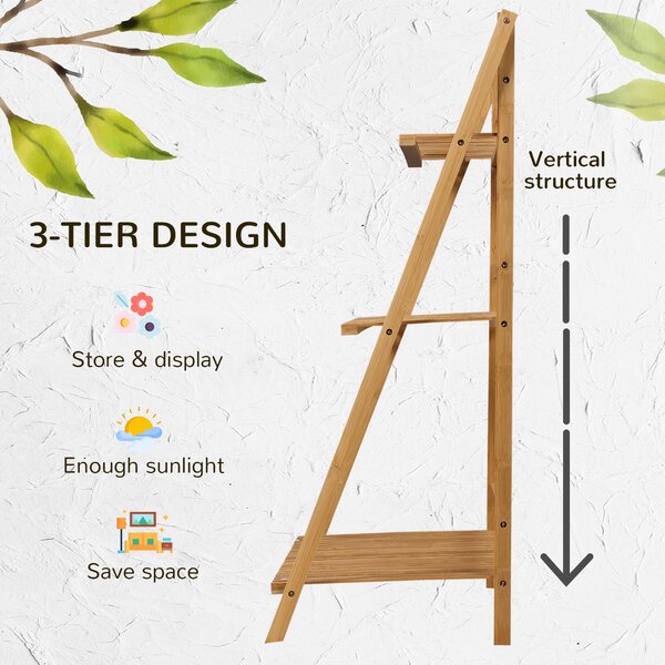 Outsunny Bamboo Plant Stand: 3-Tier Folding Display Shelf Rack for Indoor Greenery, Natural Finish, 98x37x96.5cm Aosom UK