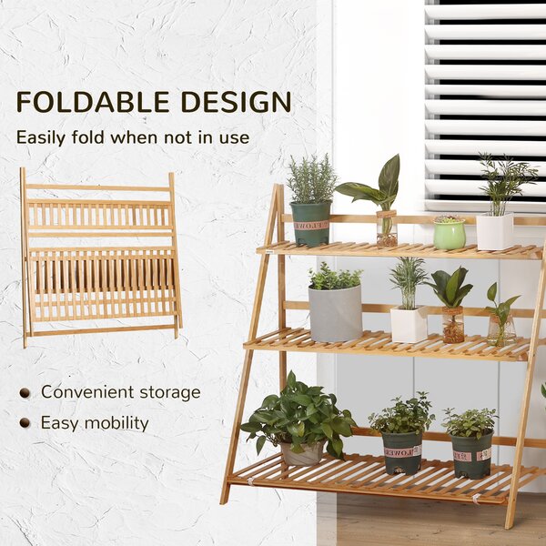 Outsunny Bamboo Plant Stand: 3-Tier Folding Display Shelf Rack for Indoor Greenery, Natural Finish, 98x37x96.5cm Aosom UK