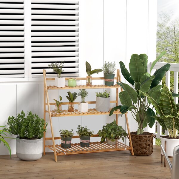 Outsunny Bamboo Plant Stand: 3-Tier Folding Display Shelf Rack for Indoor Greenery, Natural Finish, 98x37x96.5cm Aosom UK