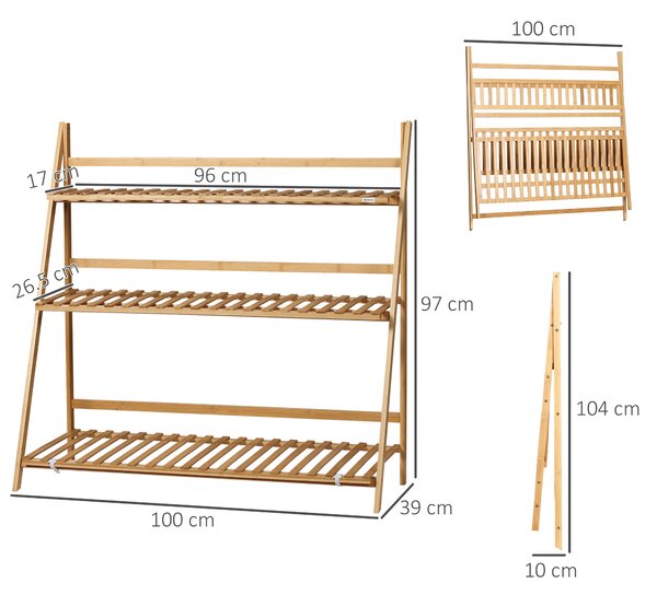 Outsunny Bamboo Plant Stand: 3-Tier Folding Display Shelf Rack for Indoor Greenery, Natural Finish, 98x37x96.5cm Aosom UK