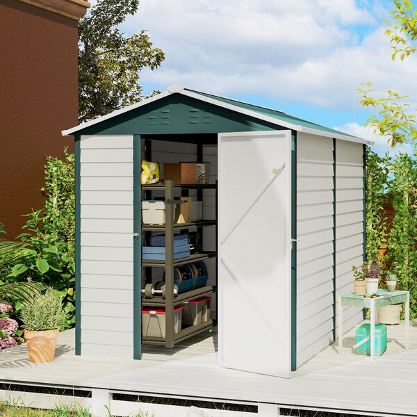 Outsunny 9 x 6ft Galvanised Steel Shed, Outdoor Storage Shed with Lockable Door and Sloped Roof for Backyard, Outdoor, White Aosom UK