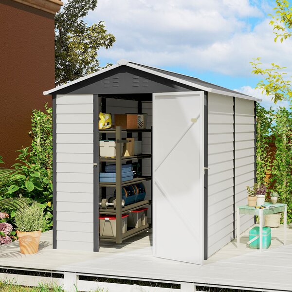 Outsunny 9 x 6ft Outdoor Shed, Heavy-Duty All-Weather Galvanised Shed with Lockable Door & Sloped Roof, Dark Grey Aosom UK
