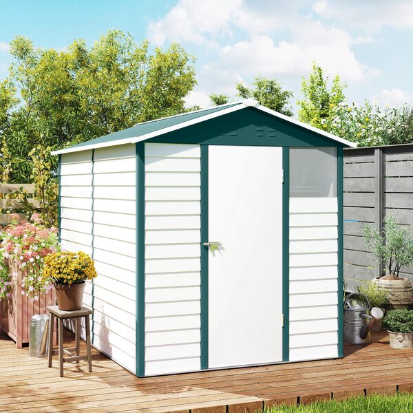 Outsunny 9 x 6ft Galvanised Steel Shed, Outdoor Storage Shed with Lockable Door and Sloped Roof for Backyard, Outdoor, White Aosom UK