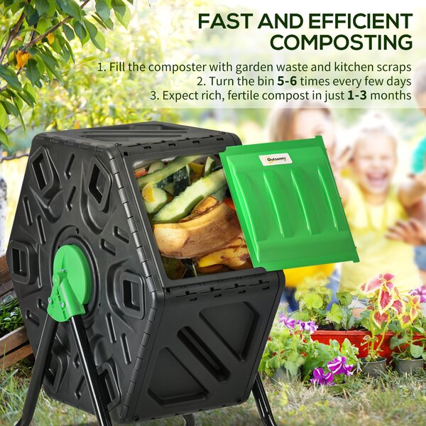 Outsunny 65L Garden Compost Bin, Single Chamber Rotating Composter, Compost Maker with 48 Ventilation Openings and Steel Legs Aosom UK