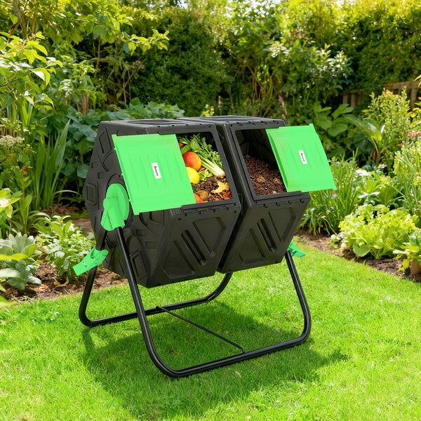 Outsunny Dual Chamber Garden Compost Bin, 130L Rotating Composter, Compost Maker with Ventilation Openings and Steel Legs Aosom UK