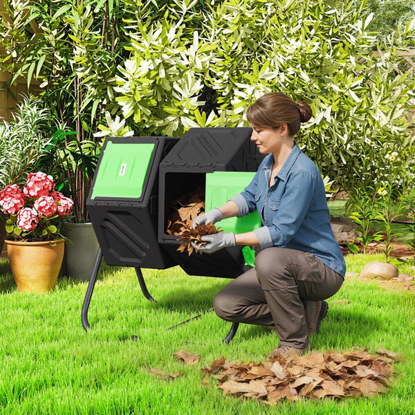 Outsunny Dual Chamber Garden Compost Bin, 130L Rotating Composter, Compost Maker with Ventilation Openings and Steel Legs Aosom UK
