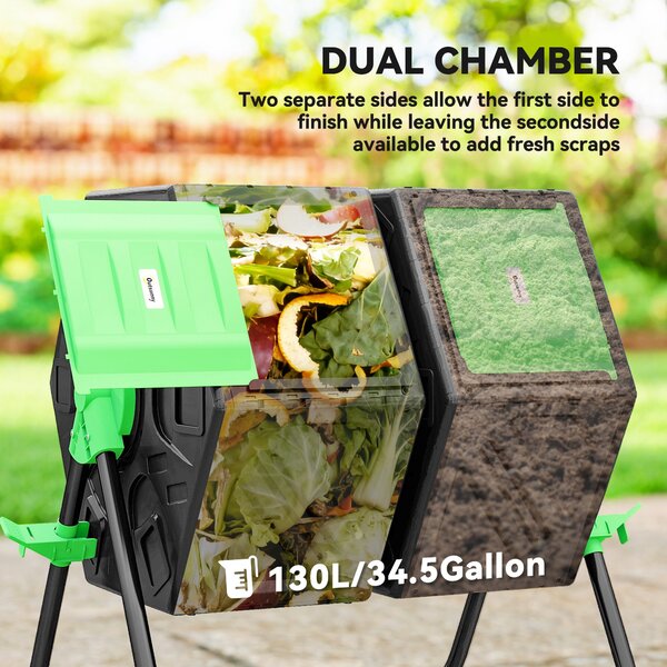 Outsunny Dual Chamber Garden Compost Bin, 130L Rotating Composter, Compost Maker with Ventilation Openings and Steel Legs Aosom UK
