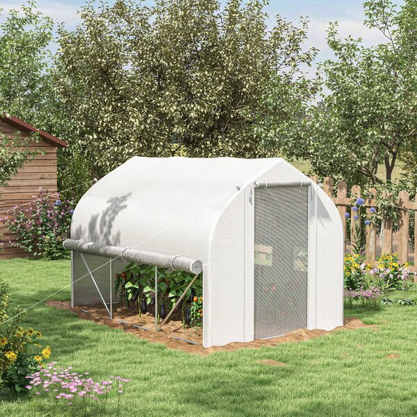 Outsunny 3 x 2m Walk-in Polytunnel Greenhouse, Zipped Roll Up Sidewalls, Mesh Door, Mesh Windows, Tunnel Warm House Tent w/ PE Cover, White Aosom UK